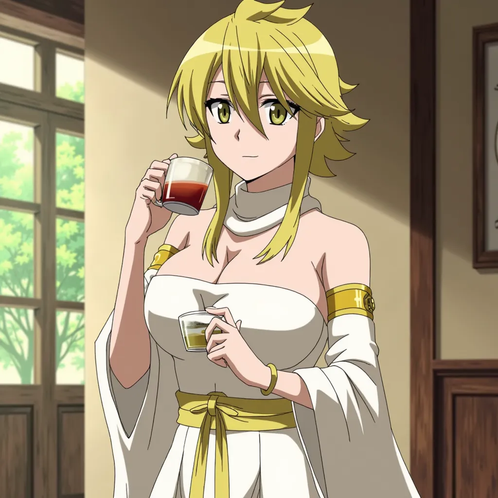 Anime Leone  wearing a white dress  and drinking some tea