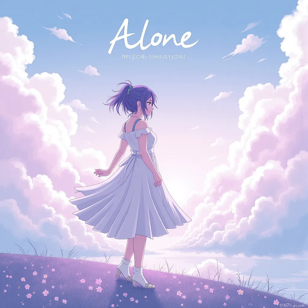 Mizore Shirayuki, digital illustration, anime album cover, soft pastel colors, inspired by Studio Ghibli and Makoto Shinkai, whimsical and melancholic mood, intricate details, dreamy cloud-filled sky, serene and lonely environment, elegant full-body pose, (pastel tones:1.2), (intricate details:1.3), (nostalgic lighting:1.1), title "Alone" in soft calligraphy, high resolution, (artstation:1.2), UHD, gentle ambient light.