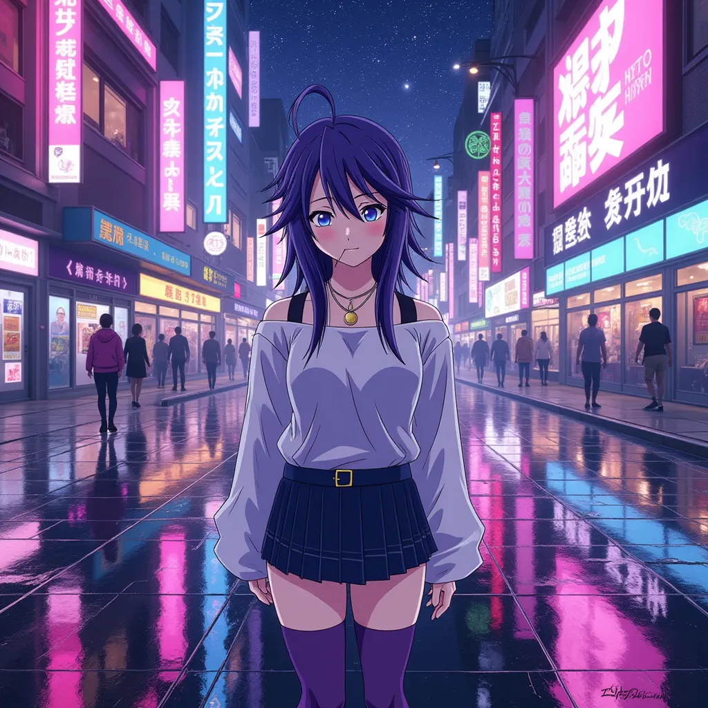 Mizore Shirayuki, album cover design, high-resolution digital illustration, vibrant J-pop art style, inspired by modern Japanese anime, neon lights reflecting a cityscape background, conceptual abstract elements, studio lighting with a fantasy vivid colors palette, (artistic expression:1.3), (HDR:1.1), wide-angle view, detailed rendering, Octane render.