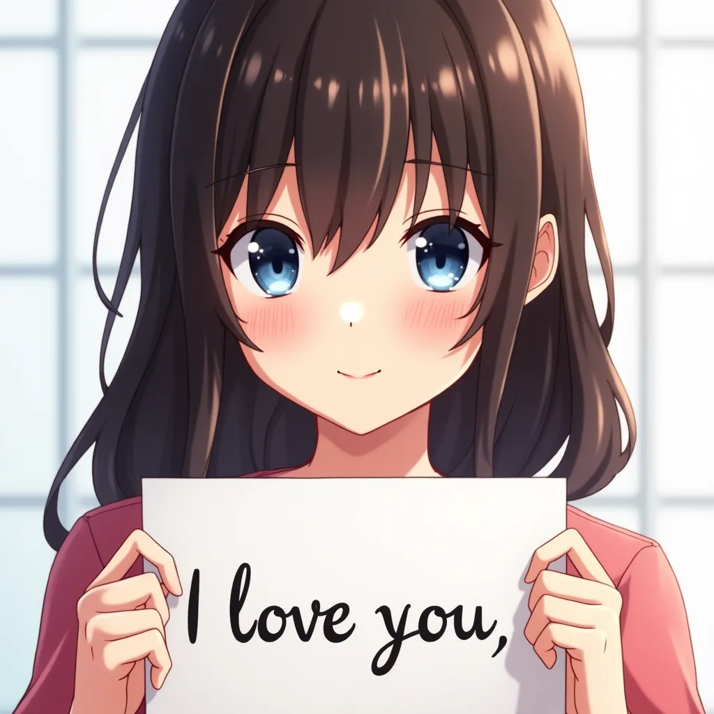 A beautiful anime woman with dark brown hair and dark blue eyes, holding a sign that says "I love you", digital illustration, modern anime style, inspired by Studio Ghibli and CLAMP, vibrant fantasy colors, soft lighting, highly detailed facial features, smooth shading, front view, medium shot, UHD resolution.