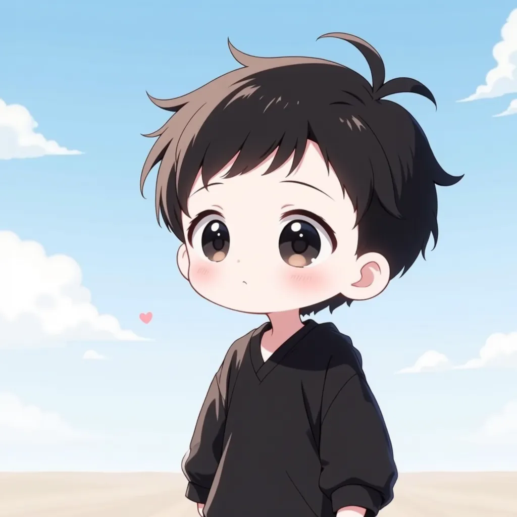 chibi, cute boy wearing black clothes, sky background