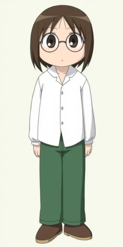 Ayumu Kasuga, her hair is the Peter Griffin hair cut, white shirt with buttons, green pants, brown shoes, glasses, anime style