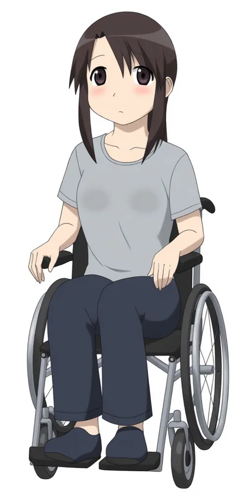 Minamo Kurosawa with a grey shirt, in a wheelchair, black shoes, dark blue shoes, brown hair