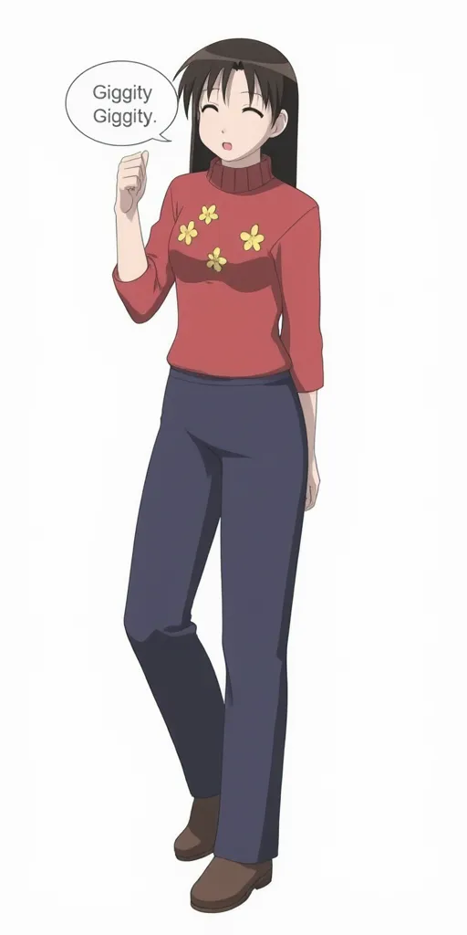Miss Yukari with a black hair, red shirt with yellow flowers on it, dark blue pants, brown shoes, saying: "Giggity Giggity"