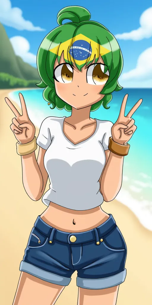 Girl, Brazil flag hair, white shirt, short jeans, in beach, standing pose, peace sign, bun hair, smile, chop top, breads bracelet, green hair, yellow eyes