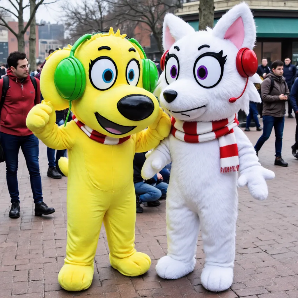 a photo of tyler a yellow dog with blue eyes and green headphones and snowi a white fox with a red and white scarf purple eyes eyelashes and red headphones as some walkaround costumes outside a lylosnland theme park