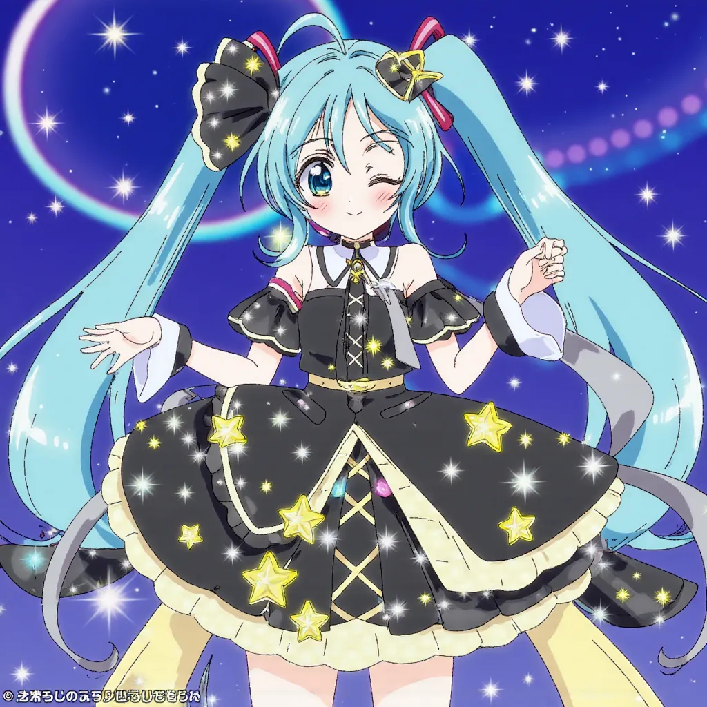 Hatsune Miku, adult female, dressed in a full body cute black and gold fancy star-themed magical girl outfit, full body coverage, no skin showing, cyan eyes, cyan hair in big twintails, happy and blushing, starry night background, 2d cel shaded anime style, Kimi to Idol precure style.