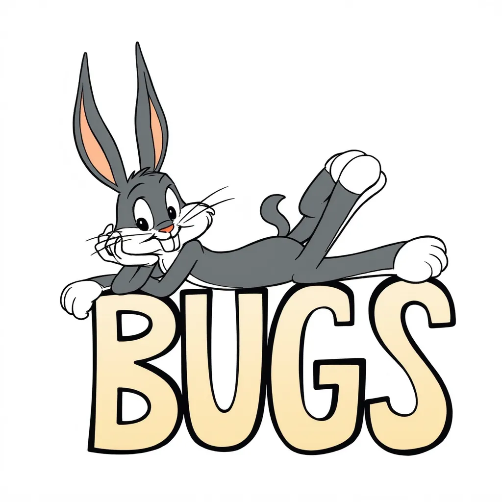 Bugs bunny lounging on the word BUGS in bold text
