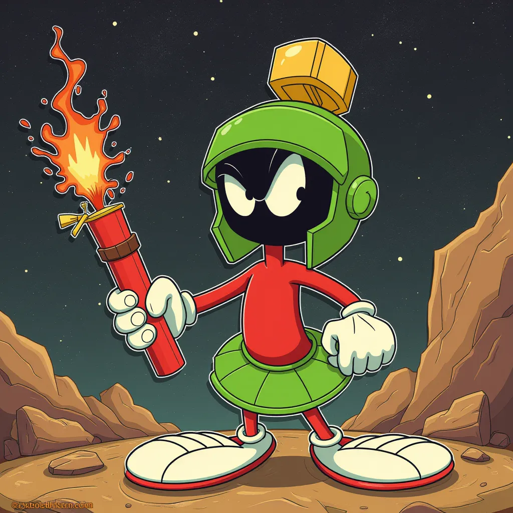 "Marvin the Martian (looney tunes) holding a broken -36 explosive space modulator/stick of dynamite"