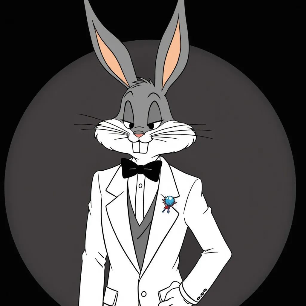 Bugs bunny wear a white tuxedo with a white shirt underneath with a black bowtie