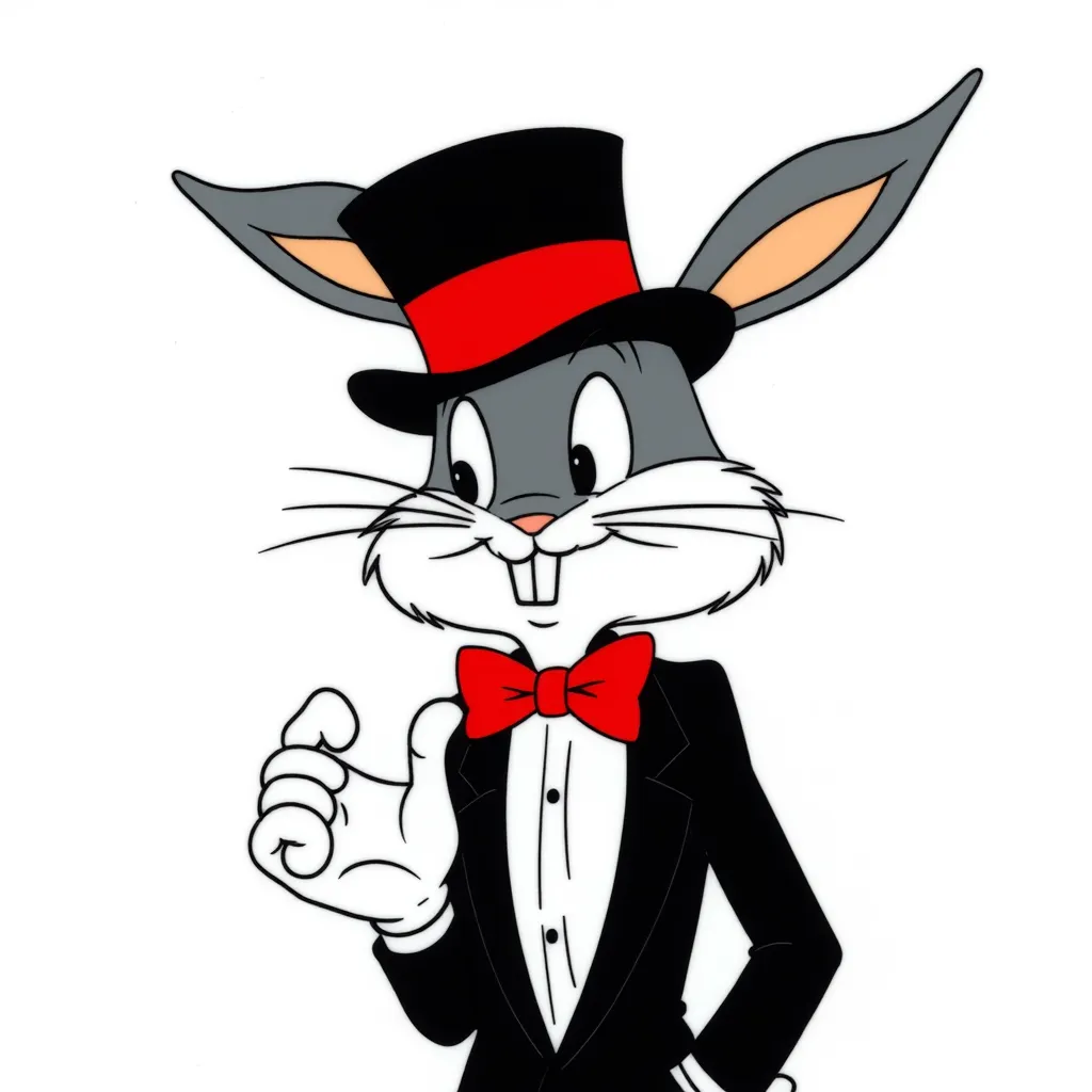 Bugs bunny Wearing a black tuxedo and a black top hat  with a red ribbon on It" his bowtie is also red and and the ears peak out the top of the top hat