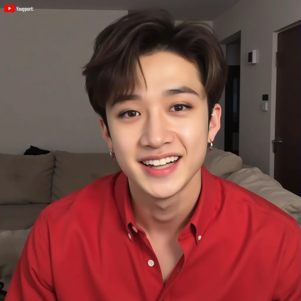 Bang Chan with Red shirt smile showing teeth in video call Interview