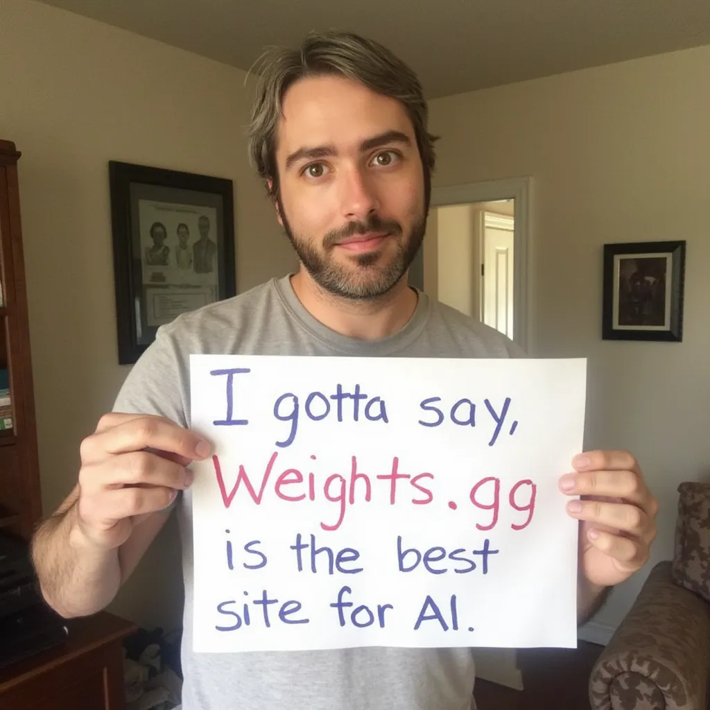 Jonathan Friday holding up a sign that says, "I gotta say, Weights.gg is the best site for AI"