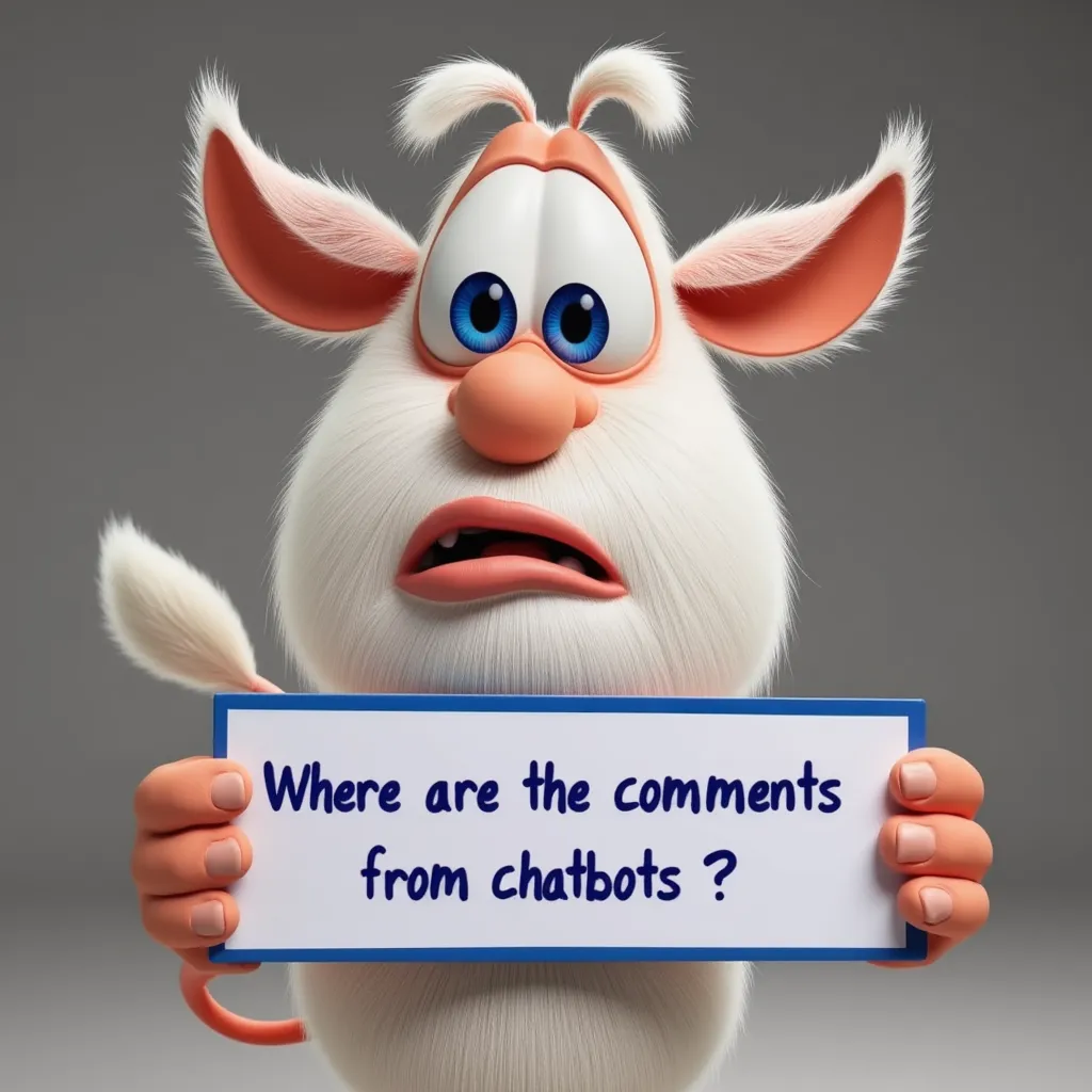 Booba, white hair and beard, big blue eyes, bushy eyebrows, long tail, beige nose and large pointy ears, startled expression, holding sign that reads "Where are the comments from chatbots?"