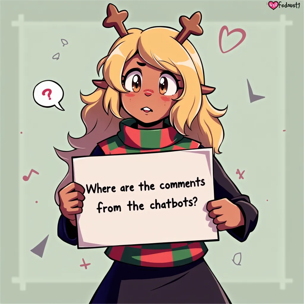 Noelle wearing her usual red and green checkered sweater with black sleeves and a black skirt, she's holding a sign that says "Where are the comments from the chatbots?" She has a confused expression