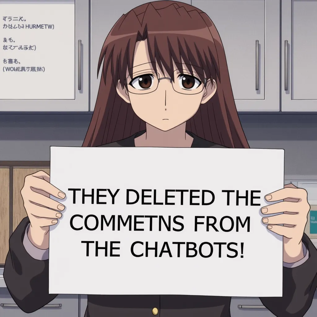 Koyomi Mizuhara she's holding a sign that says "THEY DELETED THE COMMETNS FROM THE CHATBOTS" She has a sad expression