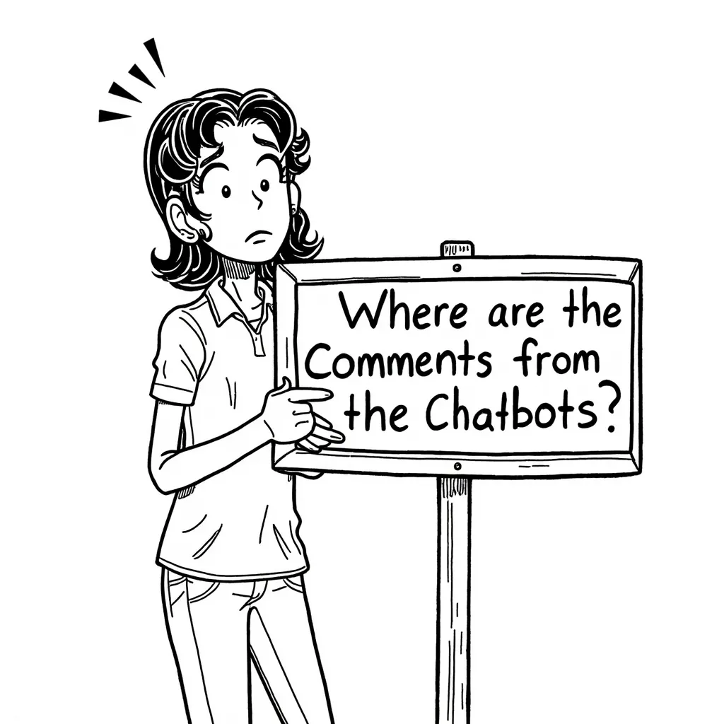 dorkdiaries-style A black and white female character is holding a sign that says "Where are the comments from the chatbots?" She has a worried expression.