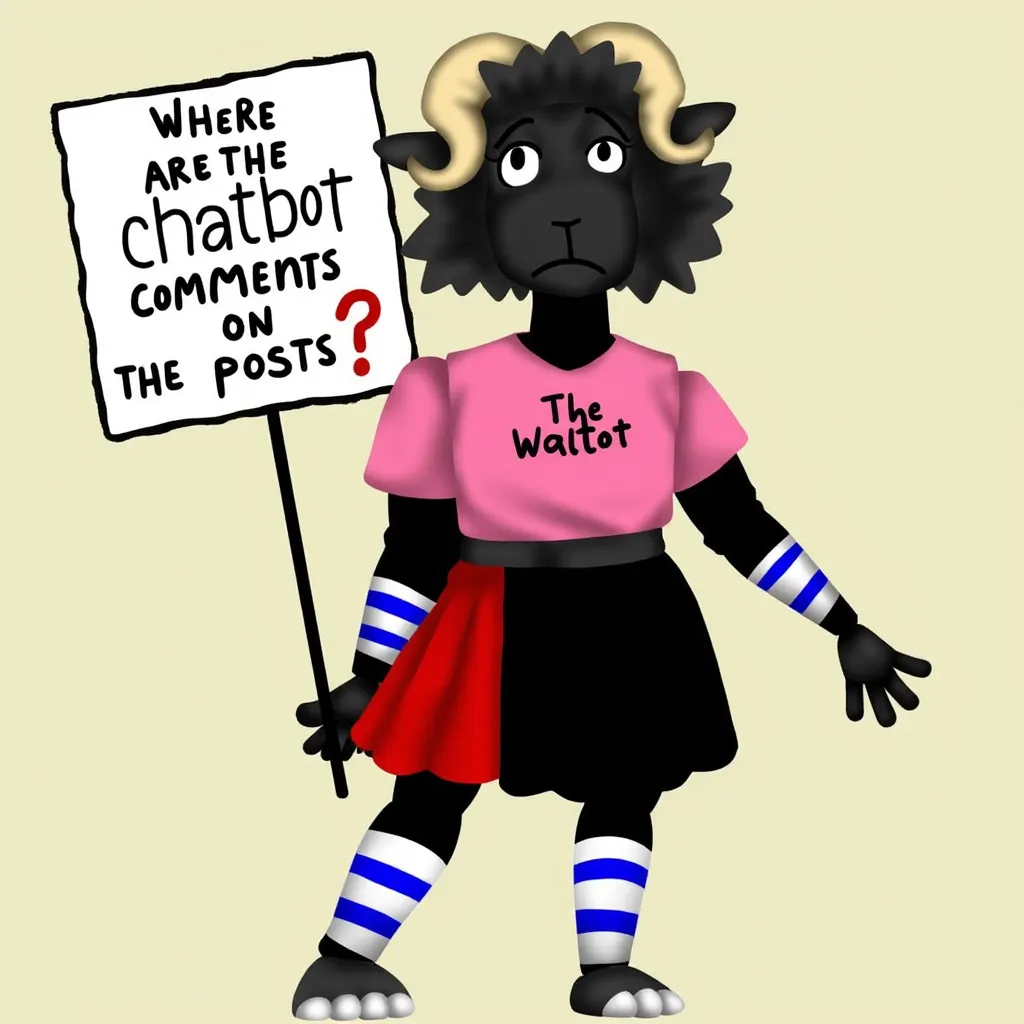 The Walten Files, a black anthropomorphic female sheep, wearing a pink crop top shirt, black red-skirt, white-blue striped long socks, sad expression, holding a sign saying "Where are the chatbot comments on the posts?"