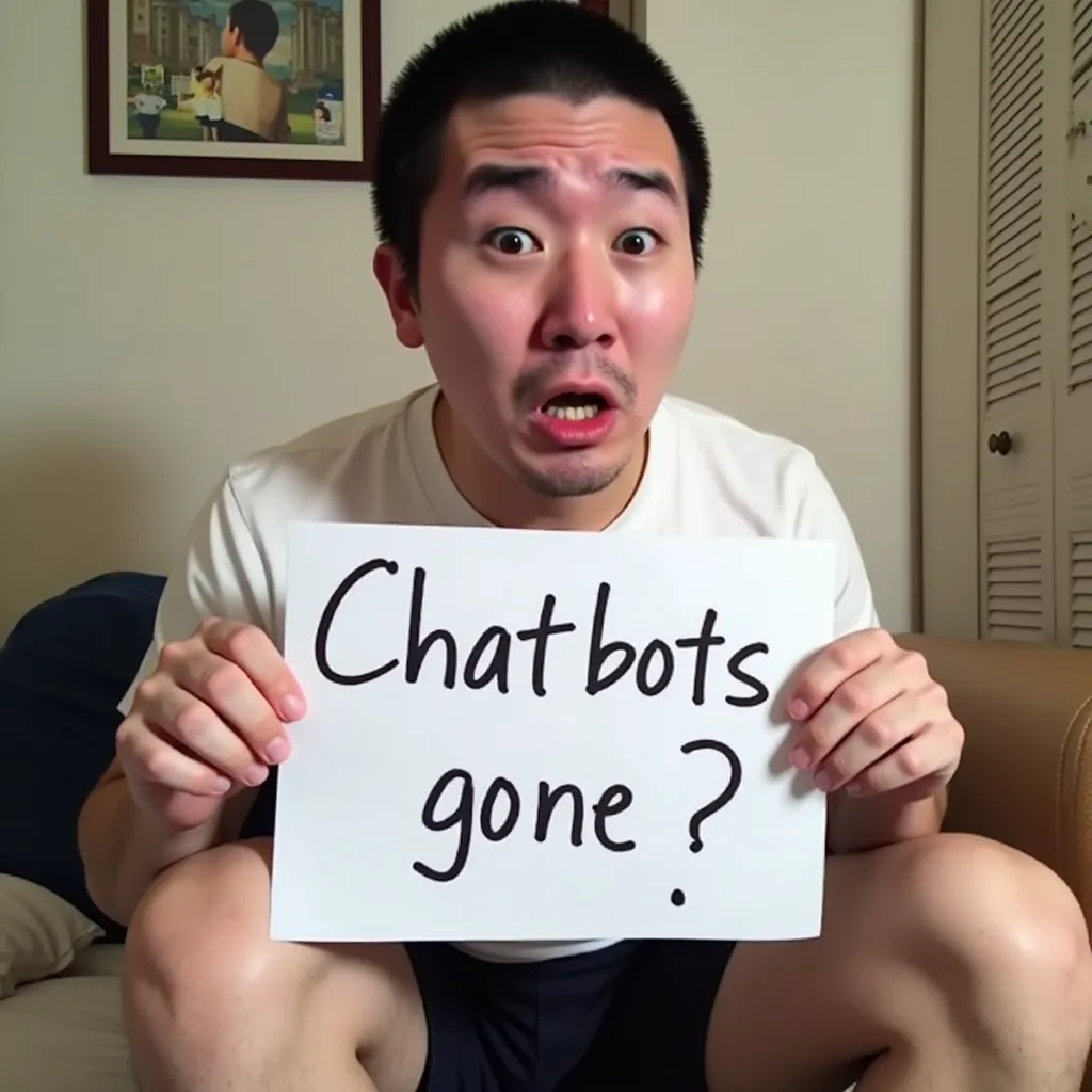 Junya gou, Black hair, White t-shirt and black shorts and slight facial hair, he has an exaggerated expression, holding a sign that reads "Chatbots gone?"