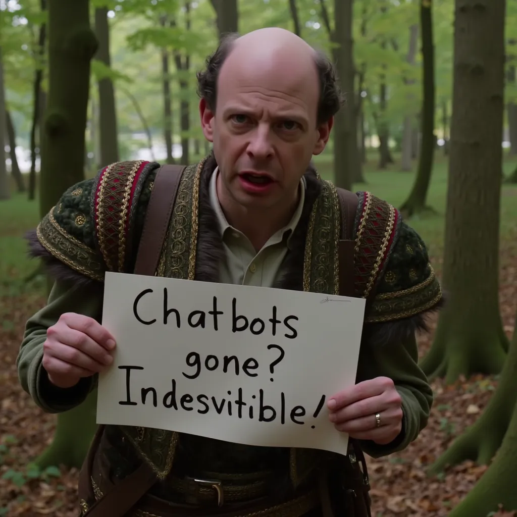 photo, Vizzini, in a forest, annoyed expression, holding sign saying Chatbots gone? Inconceivable!