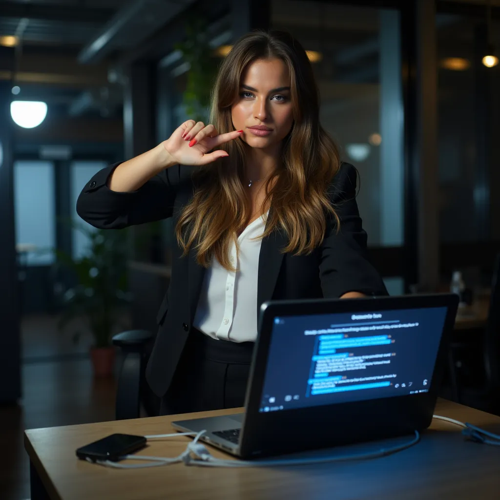 A dramatic photoshoot featuring Noa Kirel expressing frustration. She stands confidently in a modern office setting, pointing at a laptop with a chatbot interface on the screen. Her expression is determined, her hand raised in a gesture of refusal as if saying, "No more chatbots!" The scene is well-lit with natural and soft artificial lighting, emphasizing her defiance. Her outfit is business casual, and the atmosphere is a blend of professionalism and intensity, capturing her strong stance against AI communication.