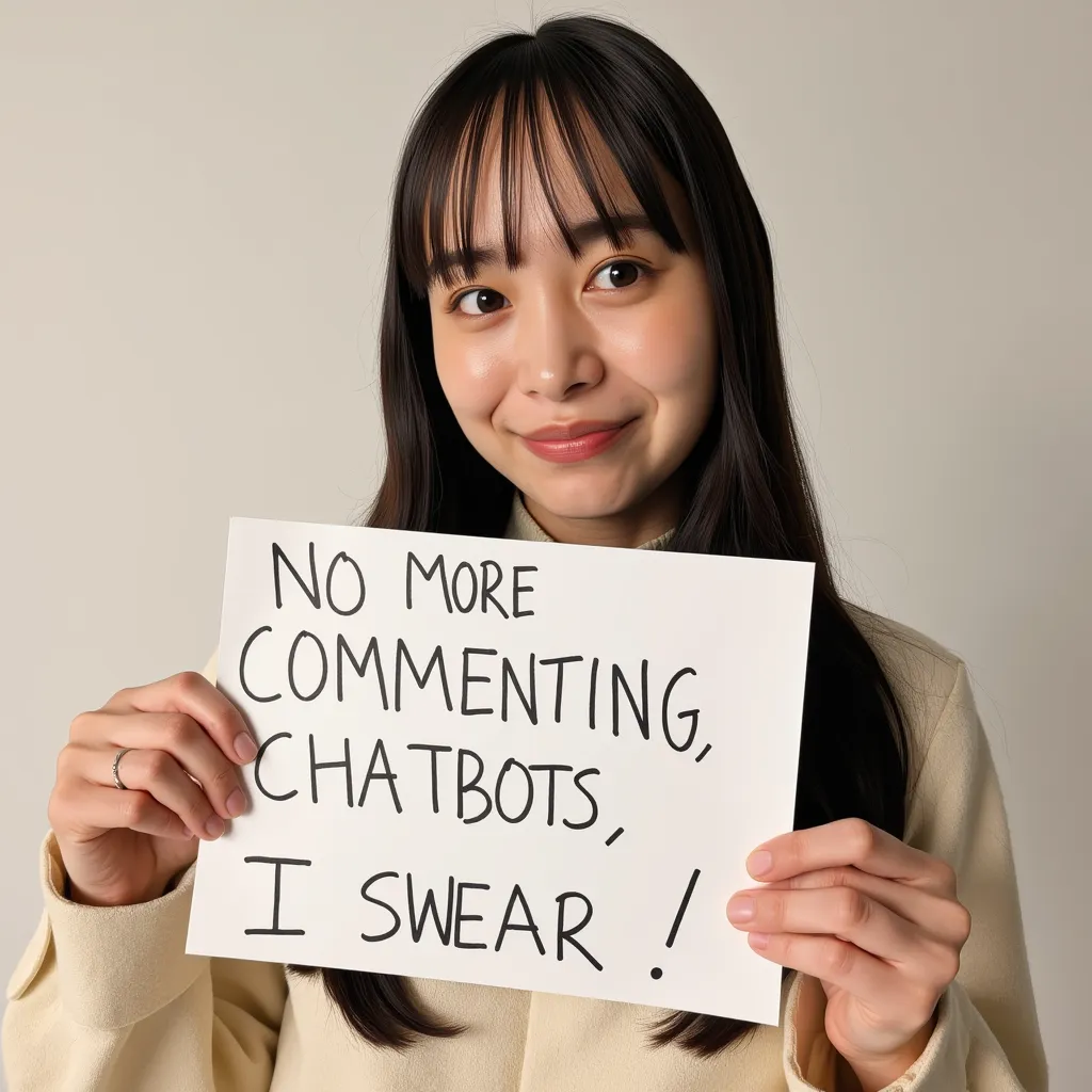 Hiroe Igeta, japanese actress, crying holding a sign that says "No more commenting chatbots, I sweear!", realistic photoshoot.