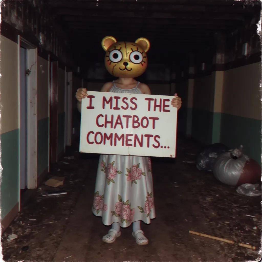 Yoyo holding a sign reading, "I miss the chatbot comments..." Written in maroon paint, the setting is an abandoned building at night, she's wearing a her usual dirty floral dress and her cracked bear mask, make the image look like it was taken with an old Polaroid. There are also some trash bags in the background.