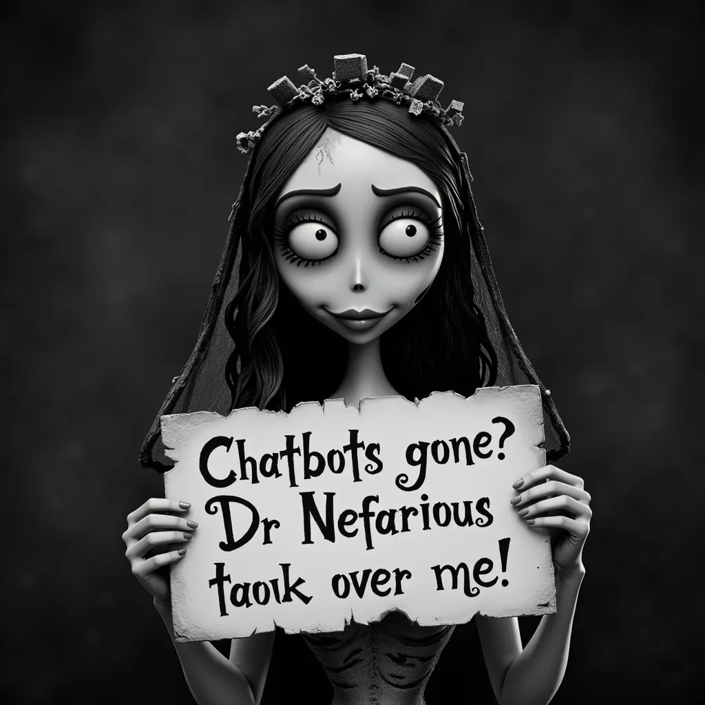 Tim Burton style, Emily the Corpse Bride horrified expression, holding sign saying 'Chatbots gone? Dr Nefarious took over me!'