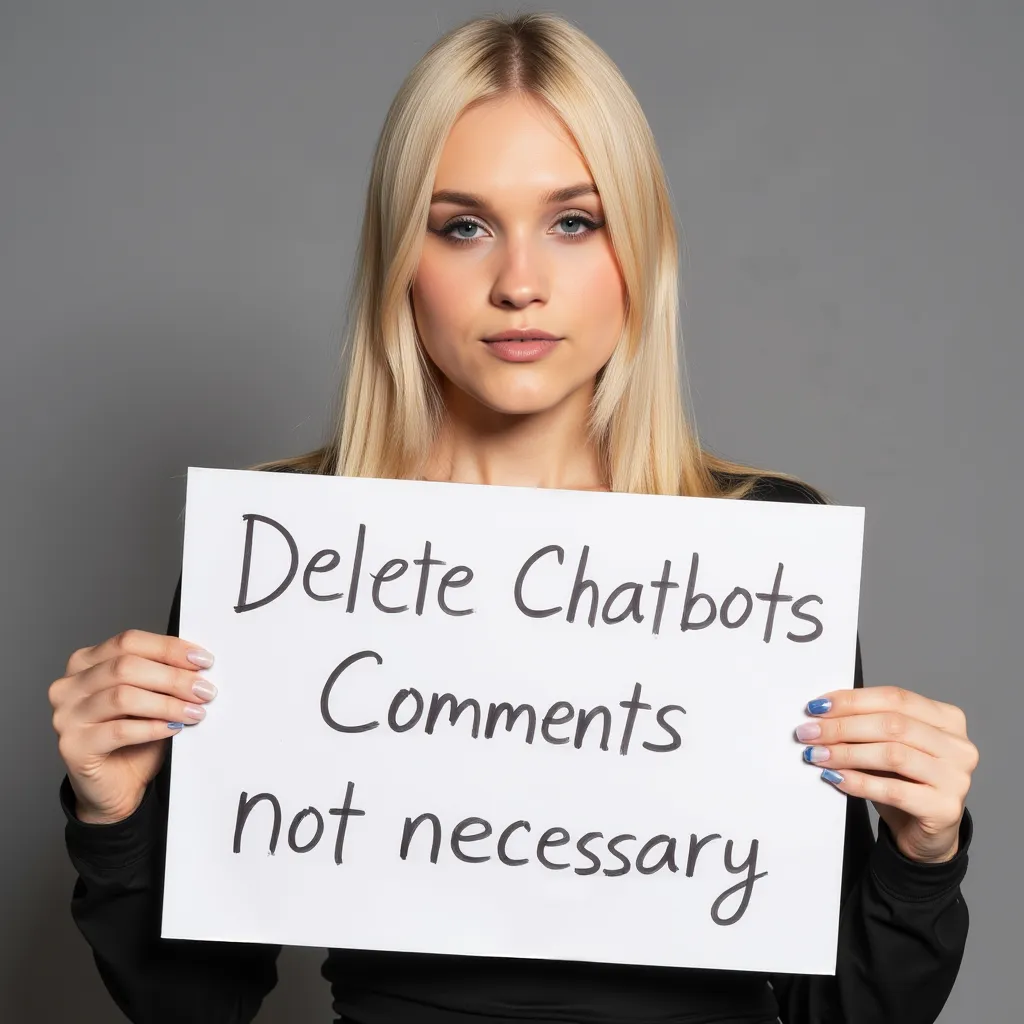 Gabriela Skyrpan, blonde hair, holding a sign that says "Delete Chatbots Comments not necessary", photoshoot.
