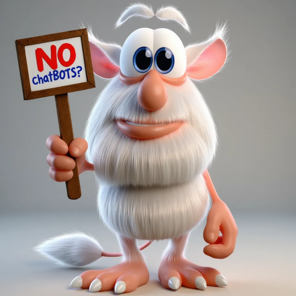 Booba, an animated creature with fuzzy white fur, beard and hair, long tail, big nose, wide ears, floating eyebrows and large eyes.  He holds a sign that reads "NO chatBOTS?!"