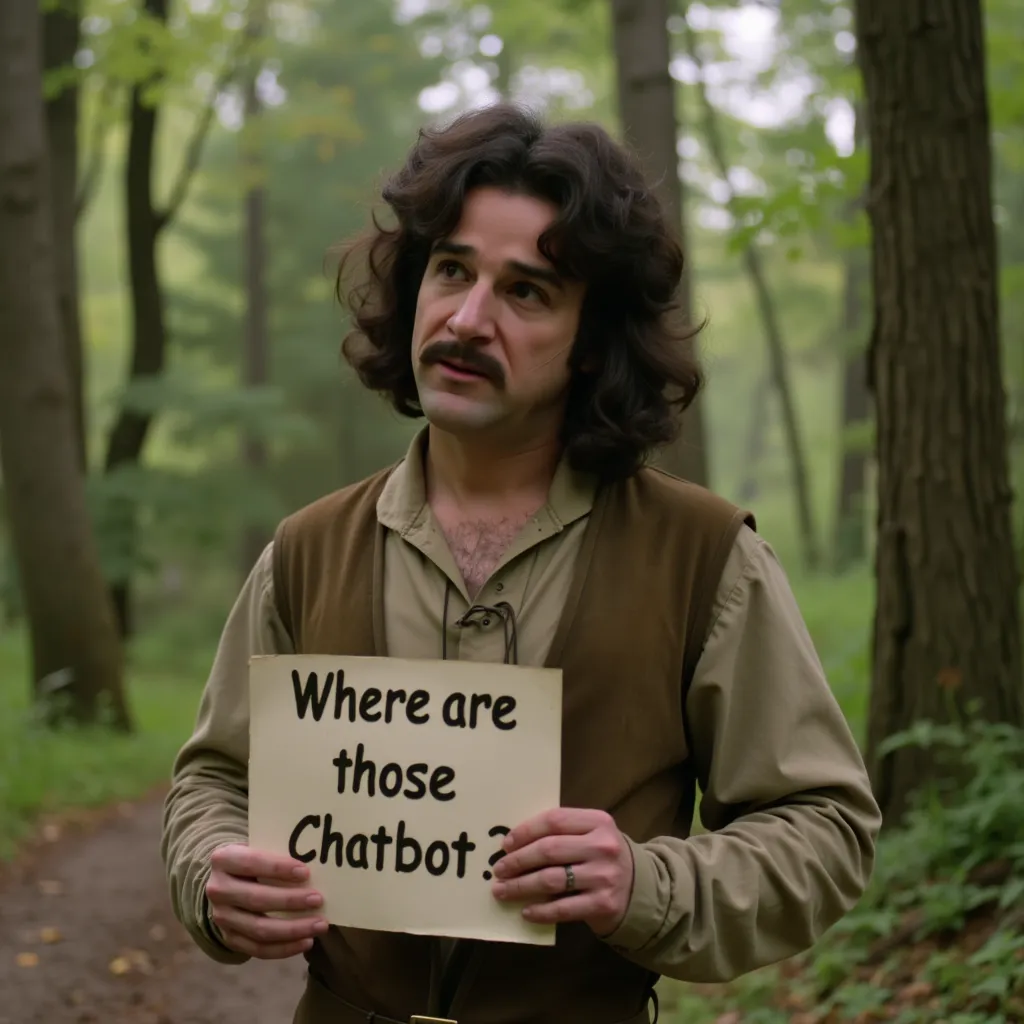 photo, InigoMontoya (with curly hair, moustache, brown vest over a beige shirt), in a forest, confused expression, holding sign saying Where are those chatbots?