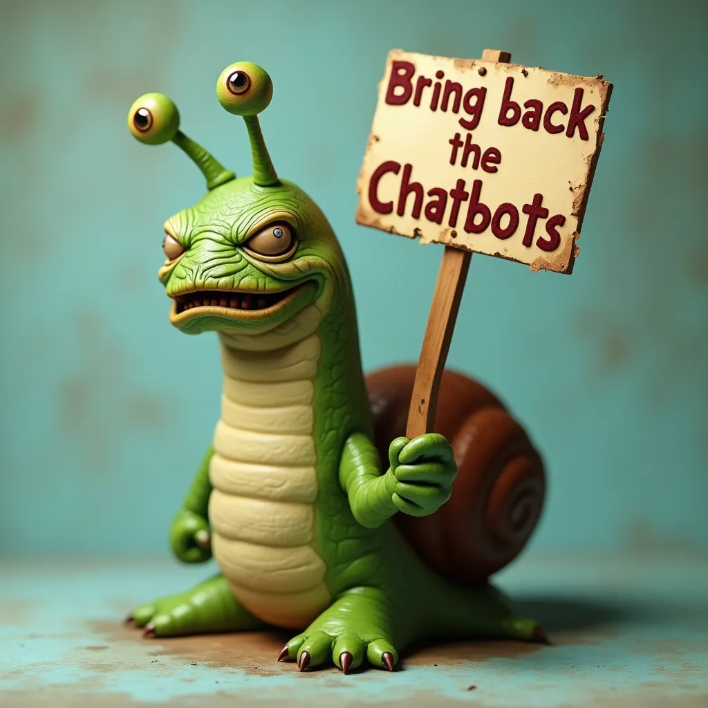 An ugly wrinkled green snail sobbing with an ugly face holding a sign saying: Bring back the Chatbots