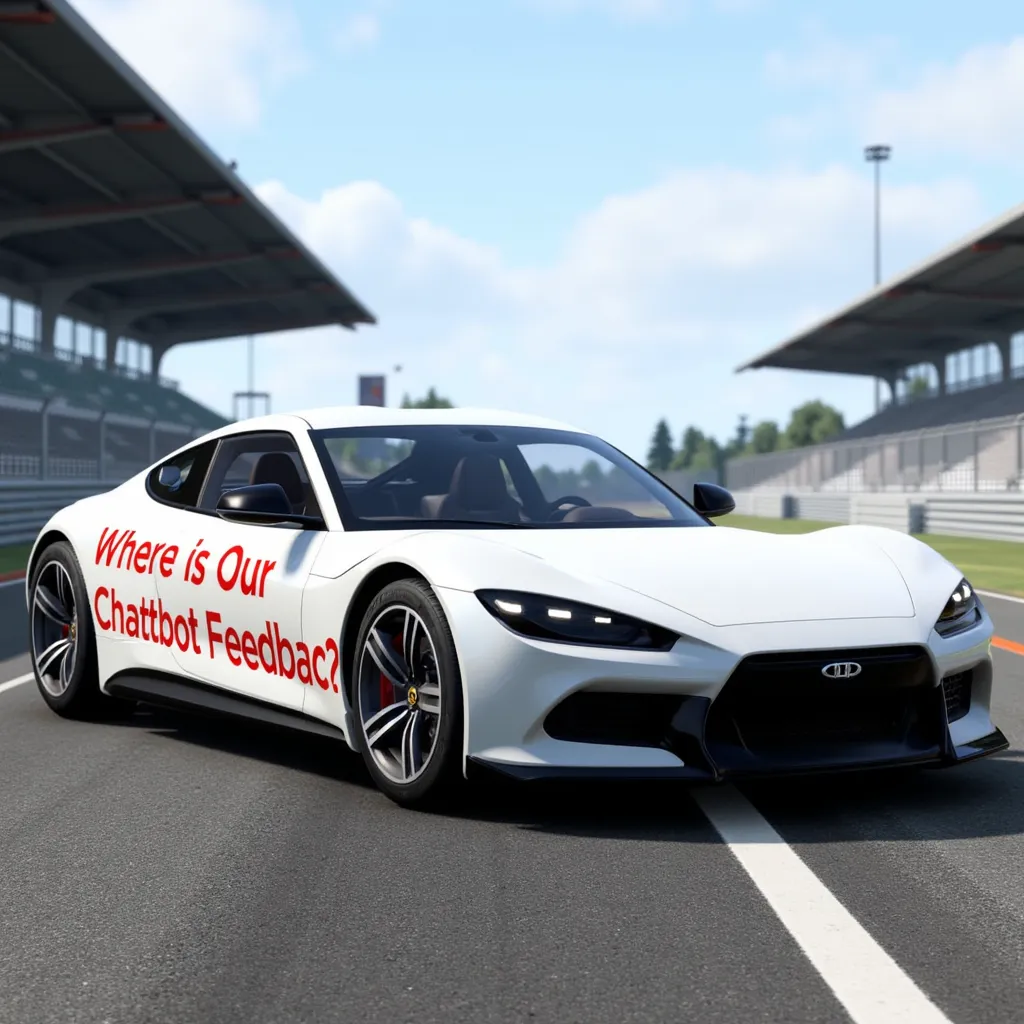 White BeamNG.drive car parked on a modern racetrack, photograph, realistic style, the car has bold text on the side reading "Where is Our Chatbot Feedback?", 4K resolution, detailed texture, natural lighting, wide-angle lens, frontal view, professional shot, vibrant colors highlighting the text.