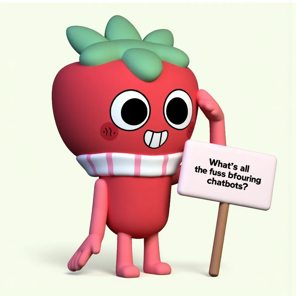 Sprout, who looks like a strawberry with red skin, matching red limbs, the arms and legs are slightly paler than the head and torso. He has no nose, he has a simple design. He does not have seeds either. He has a white scarf with pink stripes on it. He also has a simple circular blush on both sides, each having three dots. He has a simple toothy grin, with two lines on each side of the mouth, separating the teeth. He has a simple cartoony design, with large black dots as pupils, above another bigger white circle with an outline around it. He is confused, scratching his head and he has a confused frown and his eyes show confusion. Next to him is a sign that reads "What's all the fuss about the chatbots?"