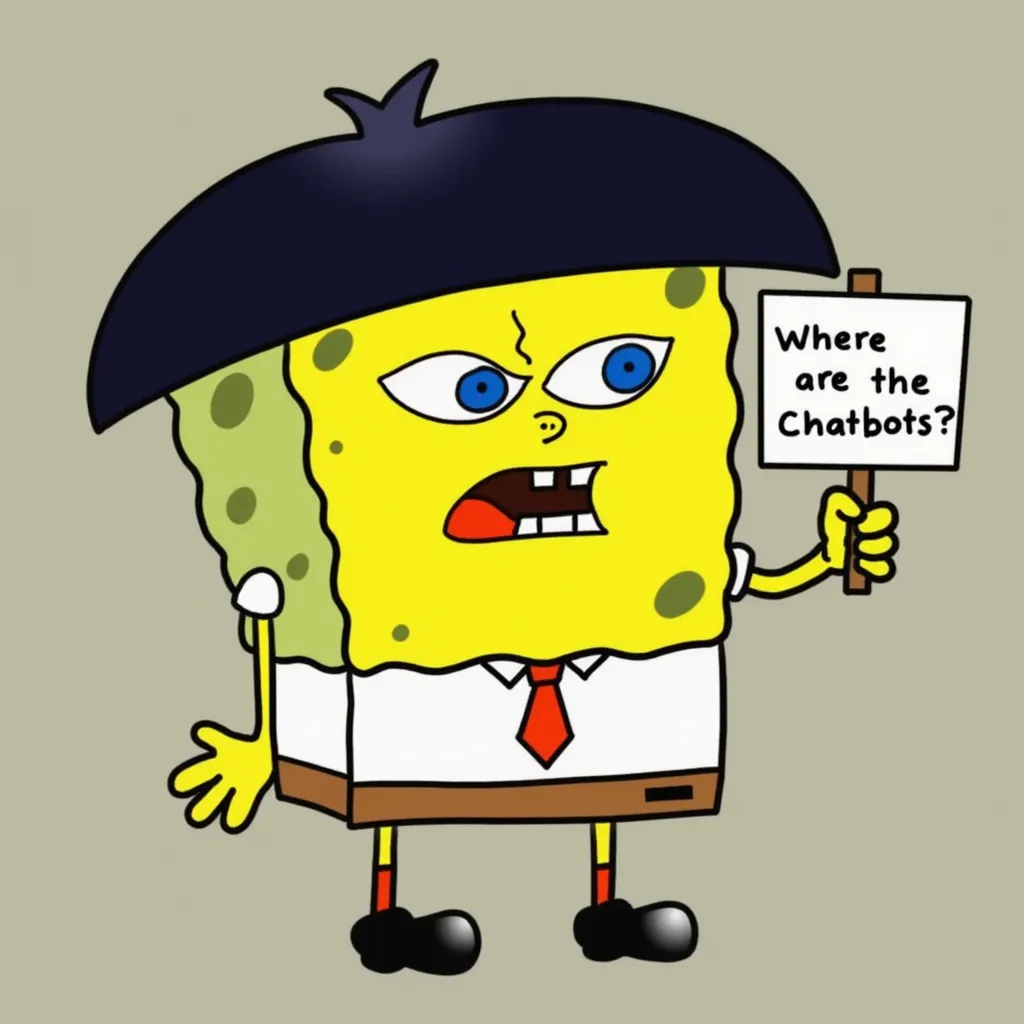 Sad Chinese SpongeBob SquarePants with blue eyes, buck teeth, and a distinctive black hairstyle that resembles a traditional Chinese hat. The character wears a white shirt, red tie and brown pants  holding a sign that says "Where are the Chatbots?"