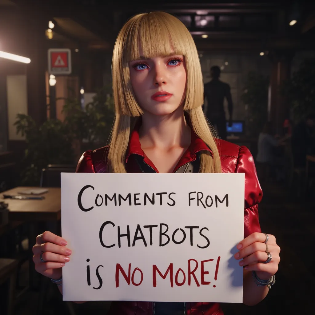 Emilie De Rochefort from tekken 8, blonde hair, crying, holding the sign saying comments from chatbots is no more, photoshoot.