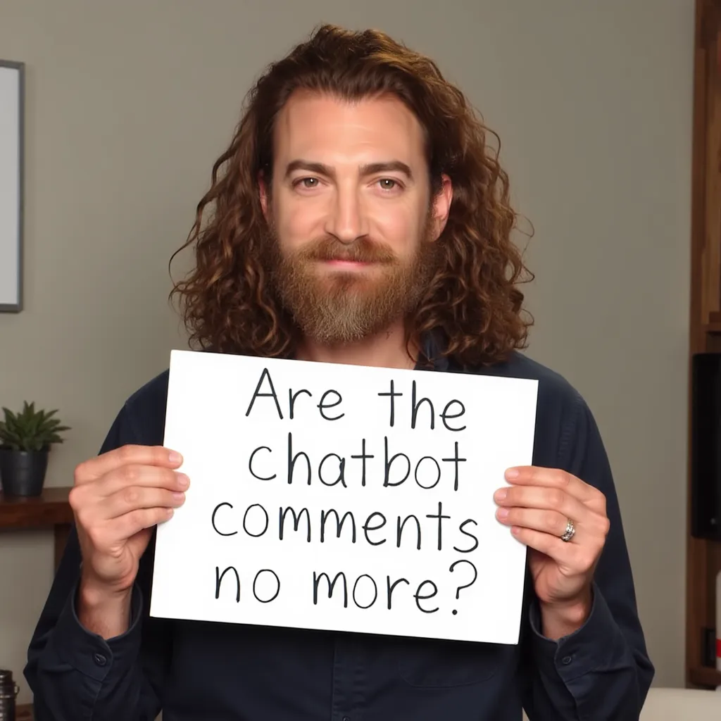 Rhett McLaughlin, long hair holding up a white card that reads “Are the chatbot comments no more?”
