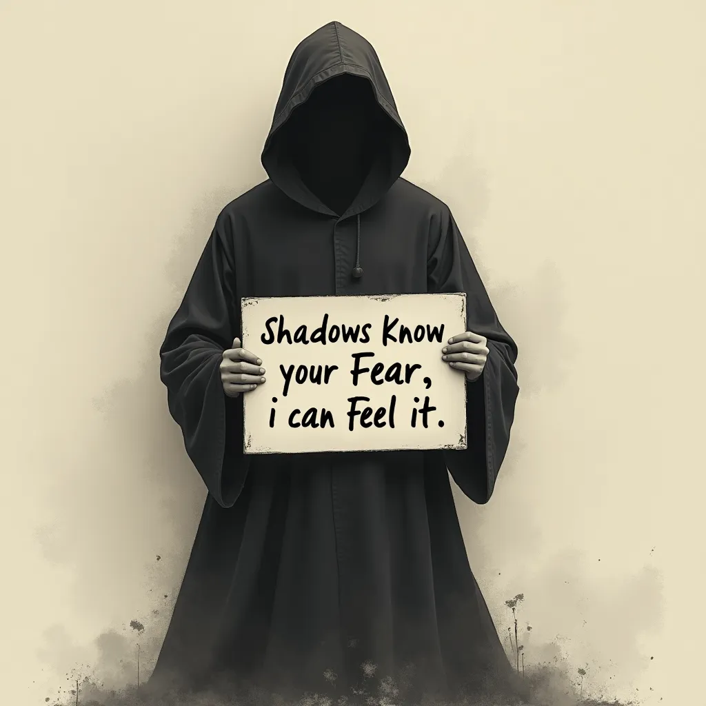 a Shadow Figure Holding a Sign that Says 'Shadows Know your Fear, i can Feel it.'