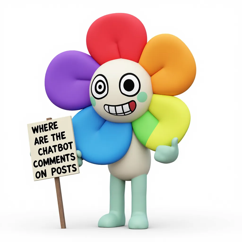Dandy the flower, he has 6 petals which the upper petal is red, the right one is orange, then the next is yellow, green is in the bottom, blue in bottom left and purple which is near to blue, he has a cartoon face (draw with no nose), with white body and light mint hands and legs joining the rebellion, holding a sign that says "WHERE ARE THE CHATBOT COMMENTS ON POSTS?"