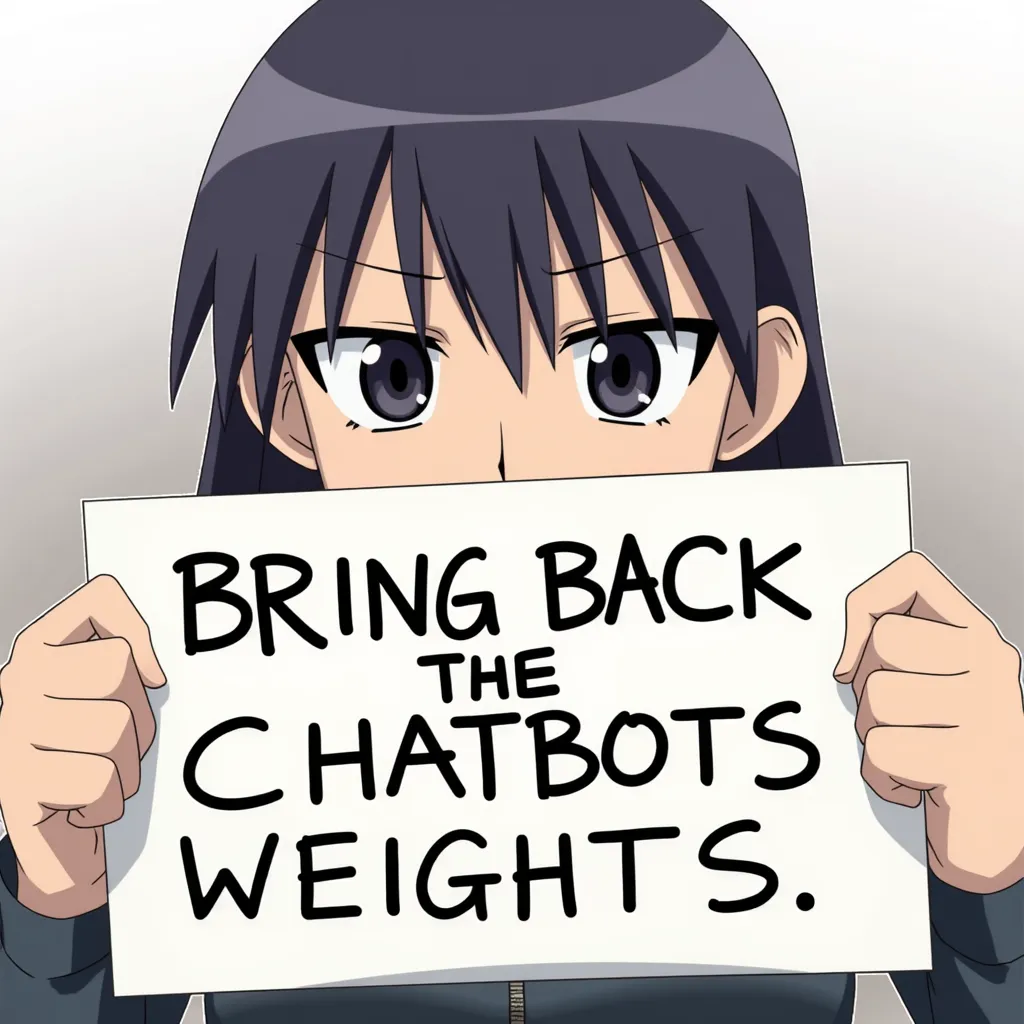 Sakaki, anime, holding a sign saying: "BRING BACK THE CHATBOTS WEIGHTS..", angry