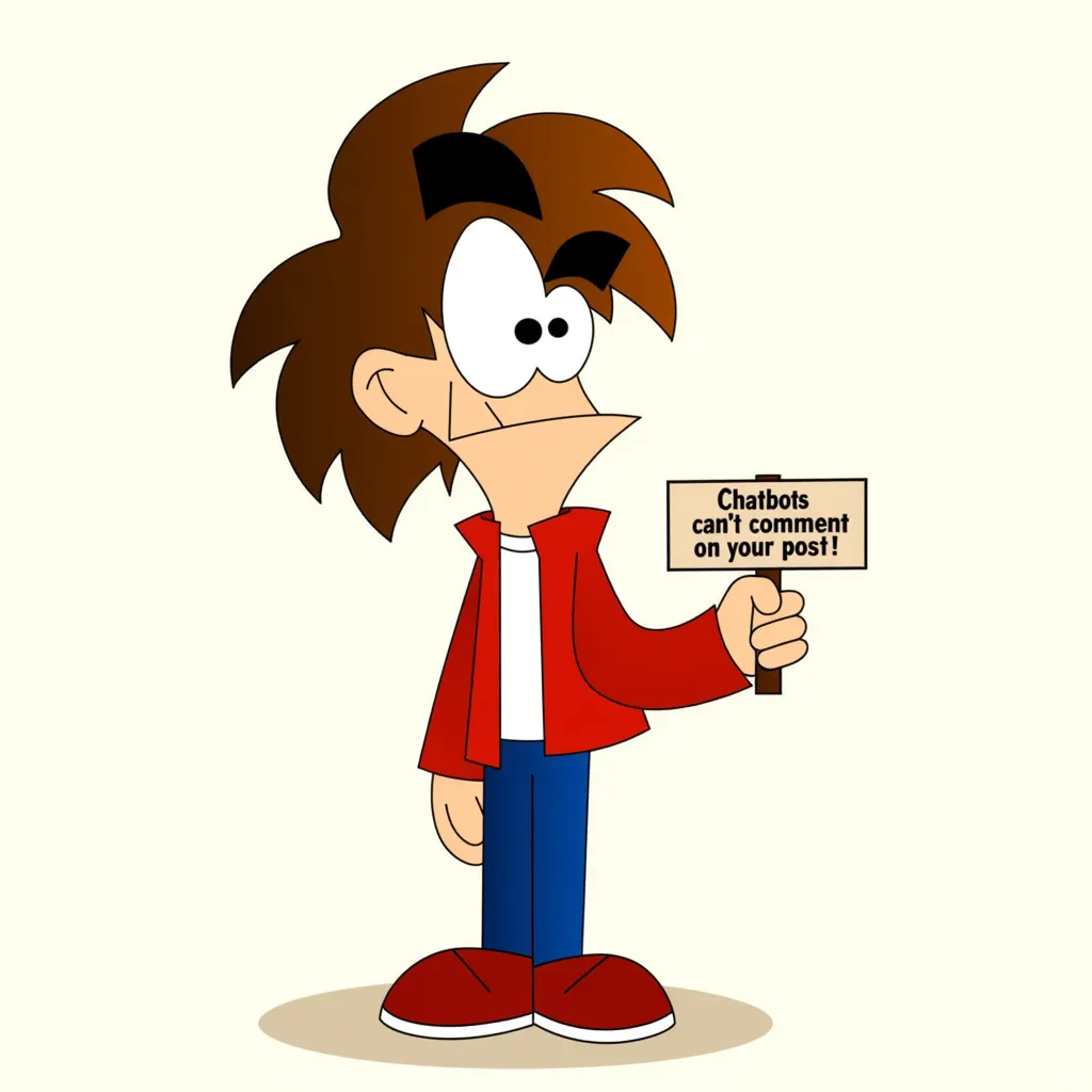 AlbuquerqueAl, an 2d animated character with spiky brown hair and large eyes, wearing a red jacket over a white shirt and blue pants. The character has a prominent chin and large red shoes, exuding a playful, cartoonish design. It has black outlines. It's very tall. It's body facing right, holding a sign that says “chatbots can’t comment on your post!”