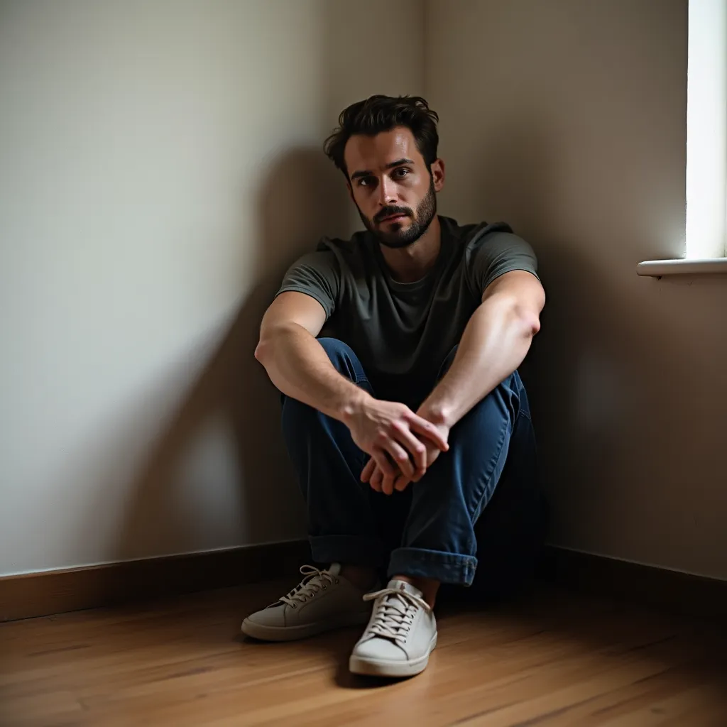 Man sitting in the corner holding his legs