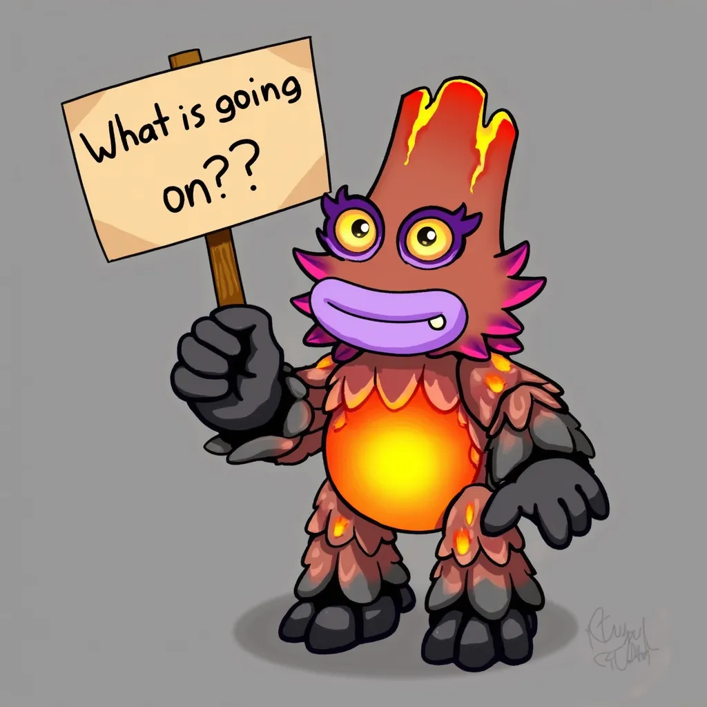 KaynaMSM, a creature with a volcanic, rock-like body. It features a glowing, fiery core on its chest, vibrant eyes with purple eyelashes, and big, purple lips. The top resembles a volcano with glowing orange cracks, holding a sign saying: "What is going on?", confused