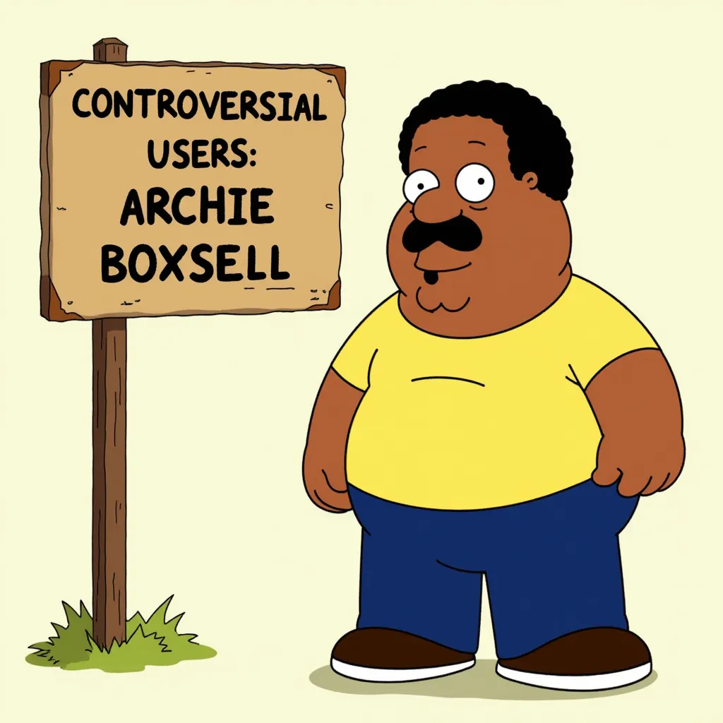 Cleveland Brown from family guy, yellow shirt, blue pants, looking at a sign saying: "Controversial Users: Archie Boxsell", cleveland is saying: that's just great