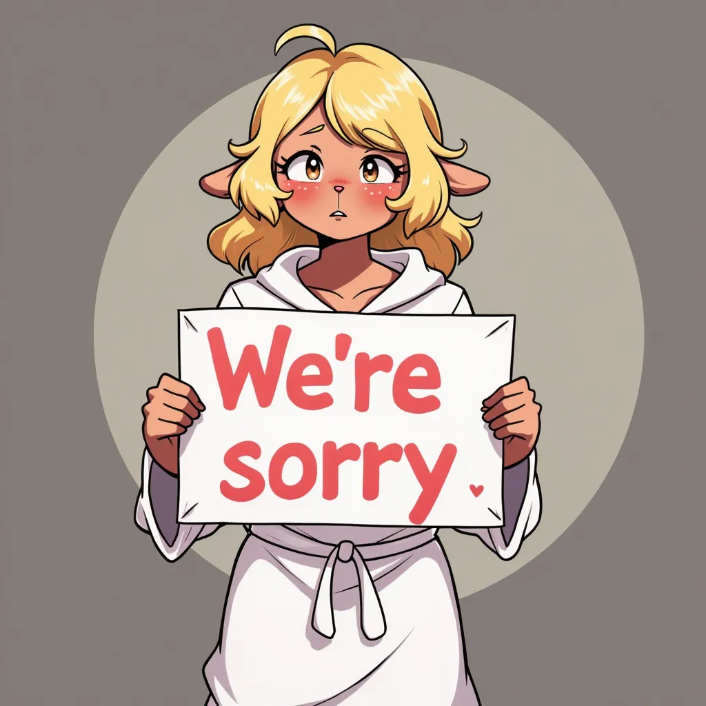Noelle holding a sign that says "We're sorry" she's wearing her white robe with drawstrings, she has blonde hair and a shameful look on her face