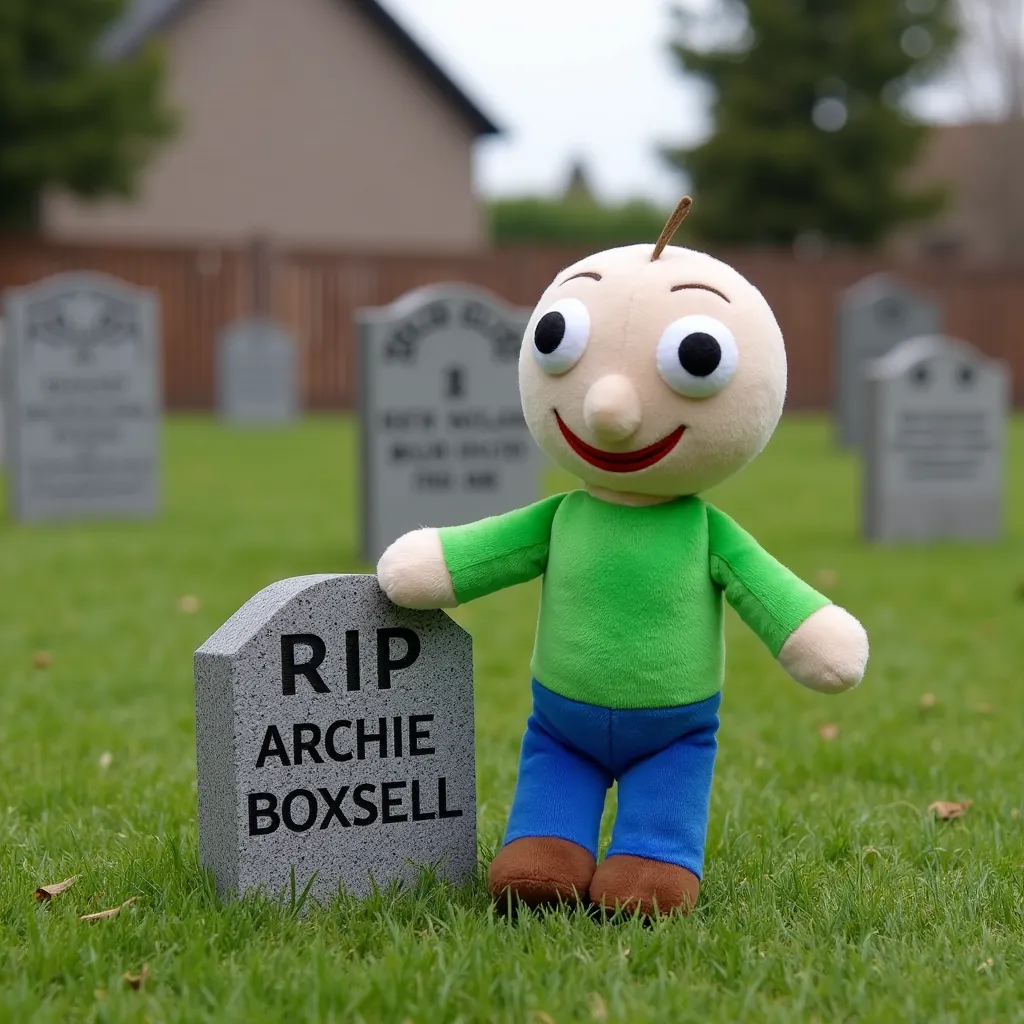 Baldi Phatmojo Plush has large, round eyes, a friendly smile, and is wearing a green shirt with blue pants, and brown shoes standing next to a graveyard that's saids " RIP Archie Boxsell"