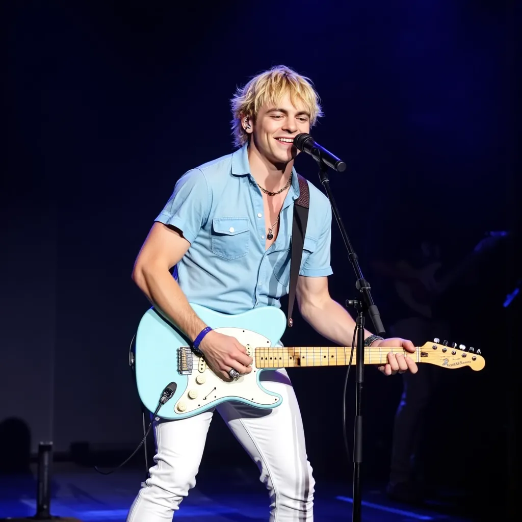 Ross Lynch with light blue shirt He appears singing happy in stage in Orlando  Florida  He wears white pants red shoes with guitar and microphone on tripod with mouth on microphone eyes closed