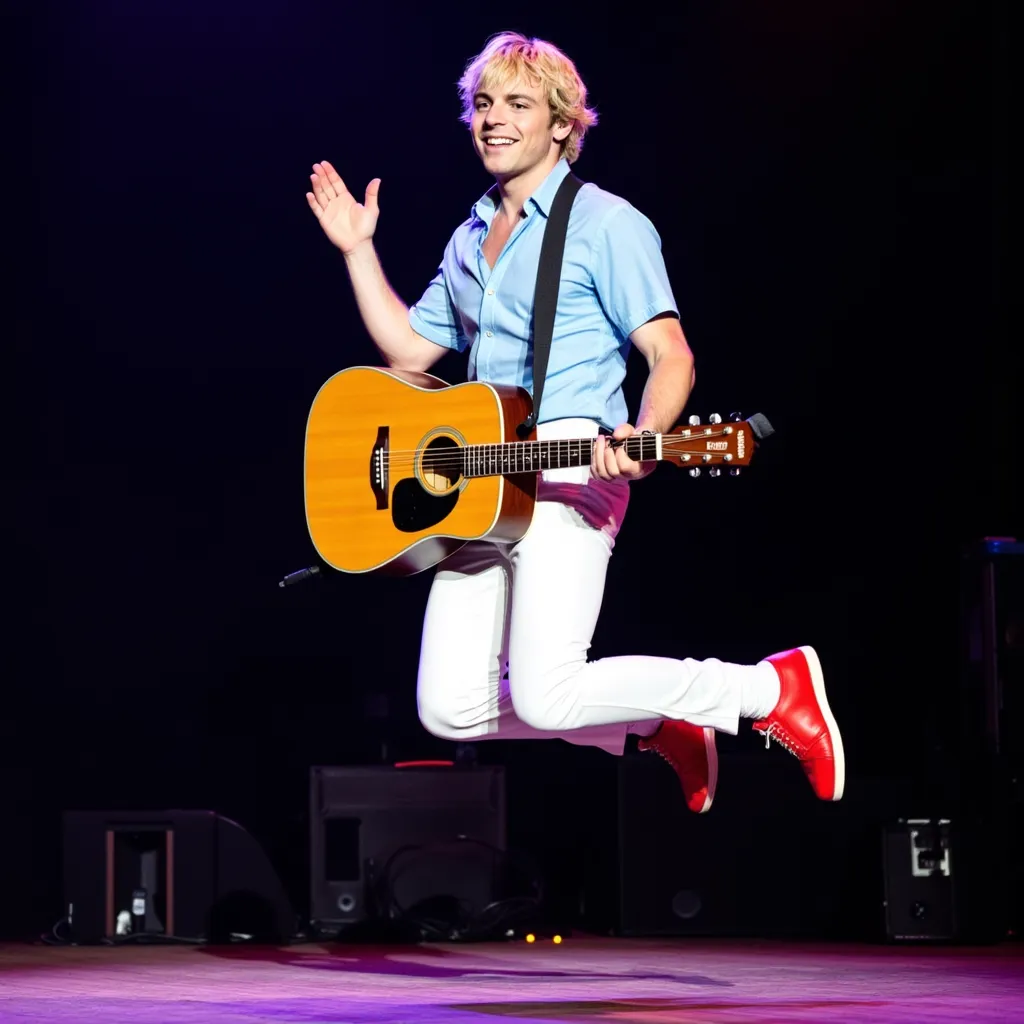 Ross Lynch with light blue shirt He appears singing happy in stage in Orlando  Florida  He wears white pants red shoes with guitar Jumping