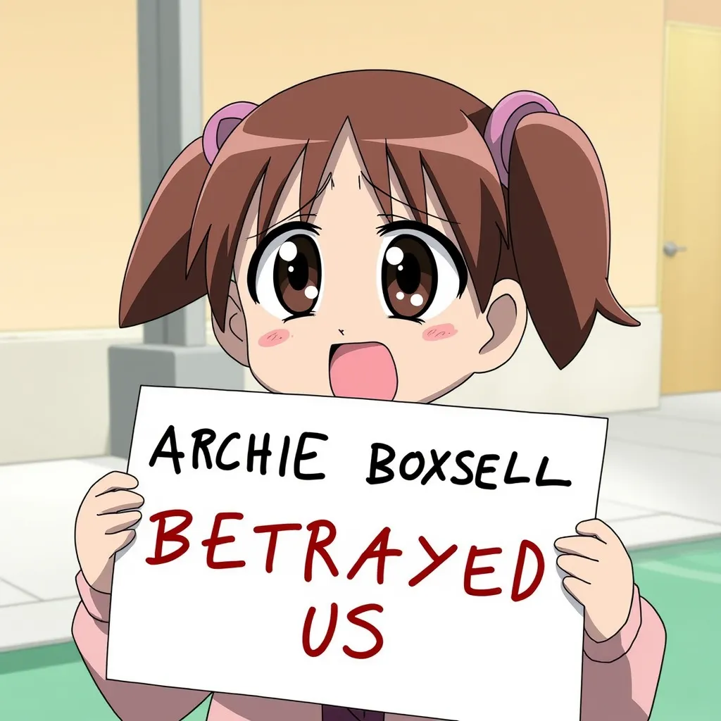 Chiyo mihama, crying, holding a sign saying: "Archie boxsell betrayed us"