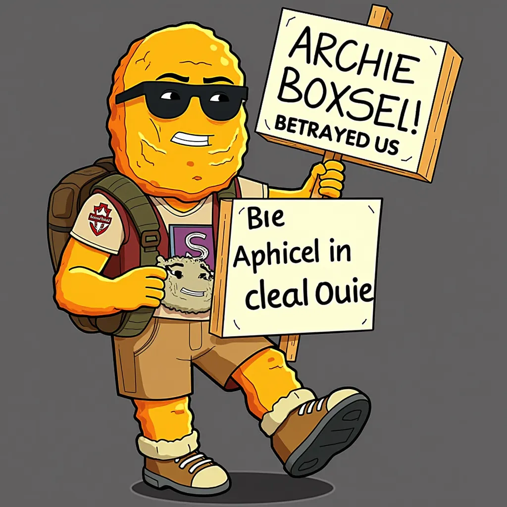 Gegagadi nugget holding a sign saying  "Archie Boxsell betrayed us"